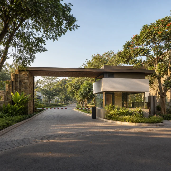 Asian Fab Kengeri indicative gated entrance with a cantilevered canopy, guard kiosk and tree-lined internal avenue Asian Fab Kengeri indicative gated entrance with a cantilevered canopy, guard kiosk and tree-lined internal avenue