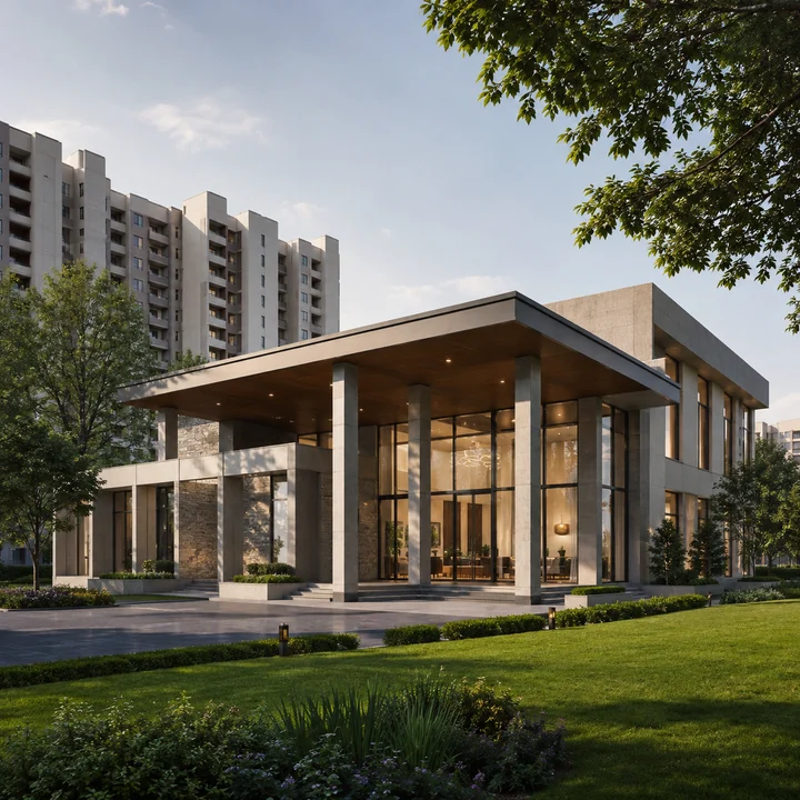 Asian Fab Kengeri indicative clubhouse with a deep porte-cochere and double-height glazed lounge, the one amenity named in the filed project title Asian Fab Kengeri indicative clubhouse with a deep porte-cochere and double-height glazed lounge, the one amenity named in the filed project title