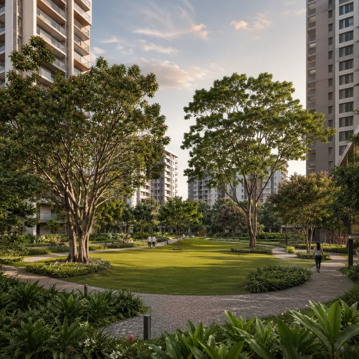 Asian Fab Kengeri indicative central landscaped green at dusk with an oval lawn, loop walk and mature flowering trees Asian Fab Kengeri indicative central landscaped green at dusk with an oval lawn, loop walk and mature flowering trees