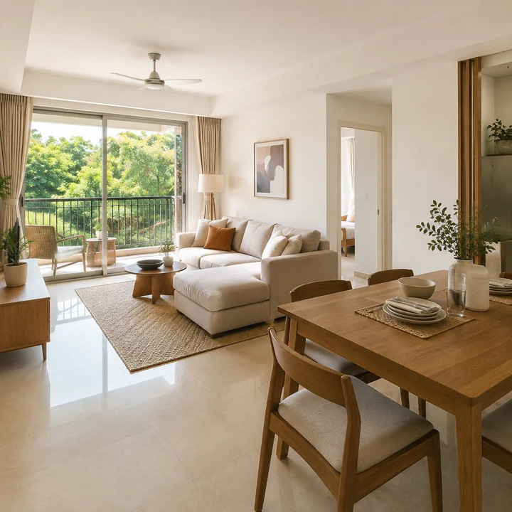 Asian Fab Kengeri indicative apartment living and dining interior opening to a balcony over the landscaped grounds Asian Fab Kengeri indicative apartment living and dining interior opening to a balcony over the landscaped grounds