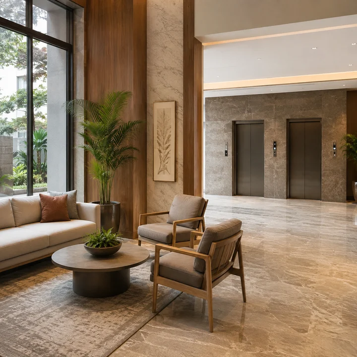 Asian Fab Kengeri indicative double-height tower lobby with stone and timber panelling and a lounge seating group Asian Fab Kengeri indicative double-height tower lobby with stone and timber panelling and a lounge seating group