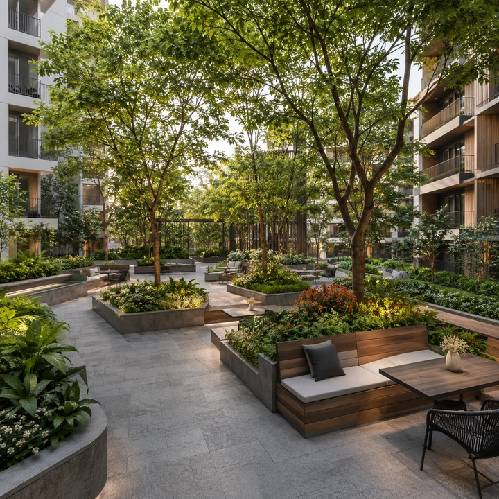 Asian Fab Kengeri indicative podium courtyard with raised planters, timber bench seating and cafe tables over basement parking Asian Fab Kengeri indicative podium courtyard with raised planters, timber bench seating and cafe tables over basement parking