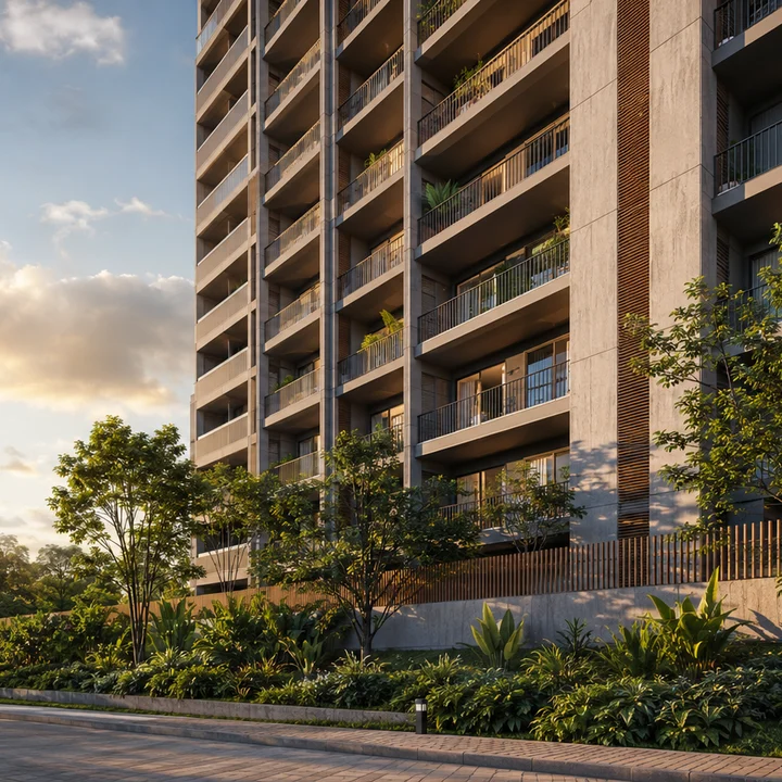 Asian Fab Kengeri indicative street-level view along the base of a residential tower at sunset, Doddabele, Kengeri Asian Fab Kengeri indicative street-level view along the base of a residential tower at sunset, Doddabele, Kengeri
