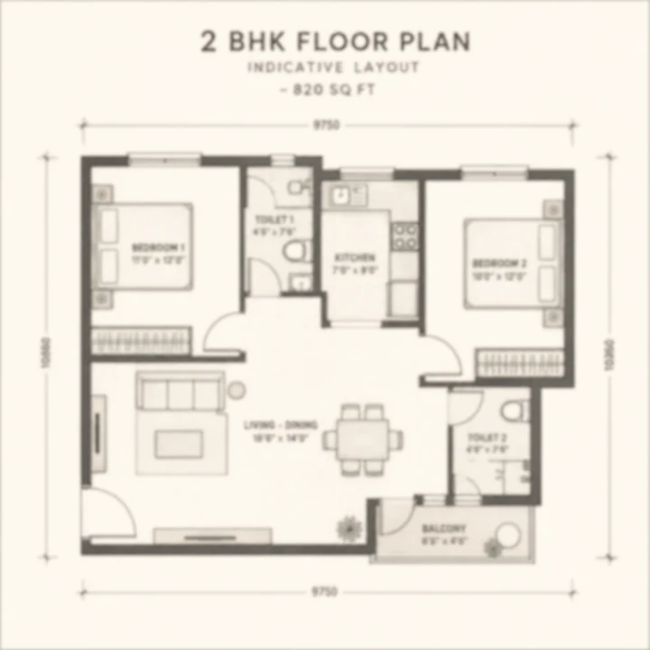 Asian Fab Kengeri 2 BHK indicative floor plan, roughly 820 sq ft within the client brief's unconfirmed 750 to 950 sq ft band Asian Fab Kengeri 2 BHK indicative floor plan, roughly 820 sq ft within the client brief's unconfirmed 750 to 950 sq ft band