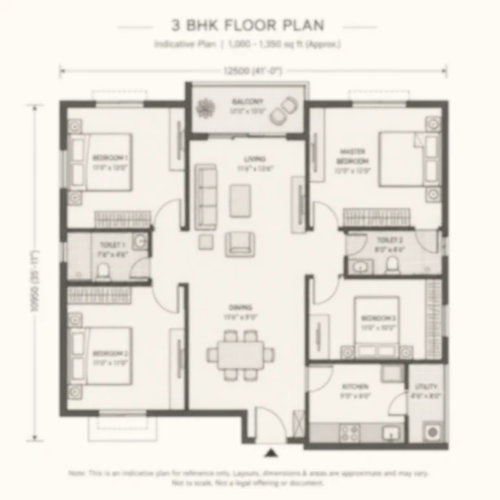 Asian Fab Kengeri 3 BHK indicative floor plan, 1,000 to 1,350 sq ft on the client brief's tentative band Asian Fab Kengeri 3 BHK indicative floor plan, 1,000 to 1,350 sq ft on the client brief's tentative band