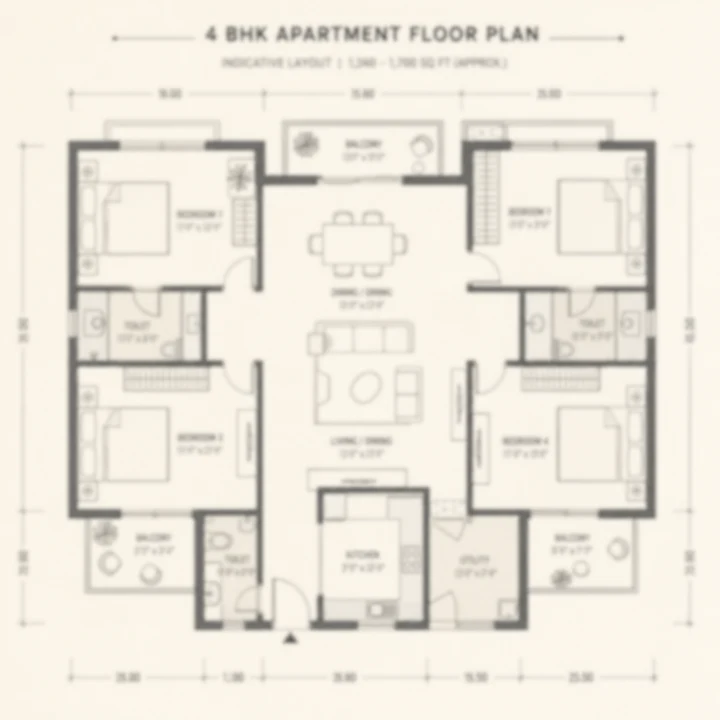 Asian Fab Kengeri 4 BHK indicative floor plan, four corner bedrooms and three toilets, 1,340 to 1,700 sq ft on the brief's unconfirmed band Asian Fab Kengeri 4 BHK indicative floor plan, four corner bedrooms and three toilets, 1,340 to 1,700 sq ft on the brief's unconfirmed band